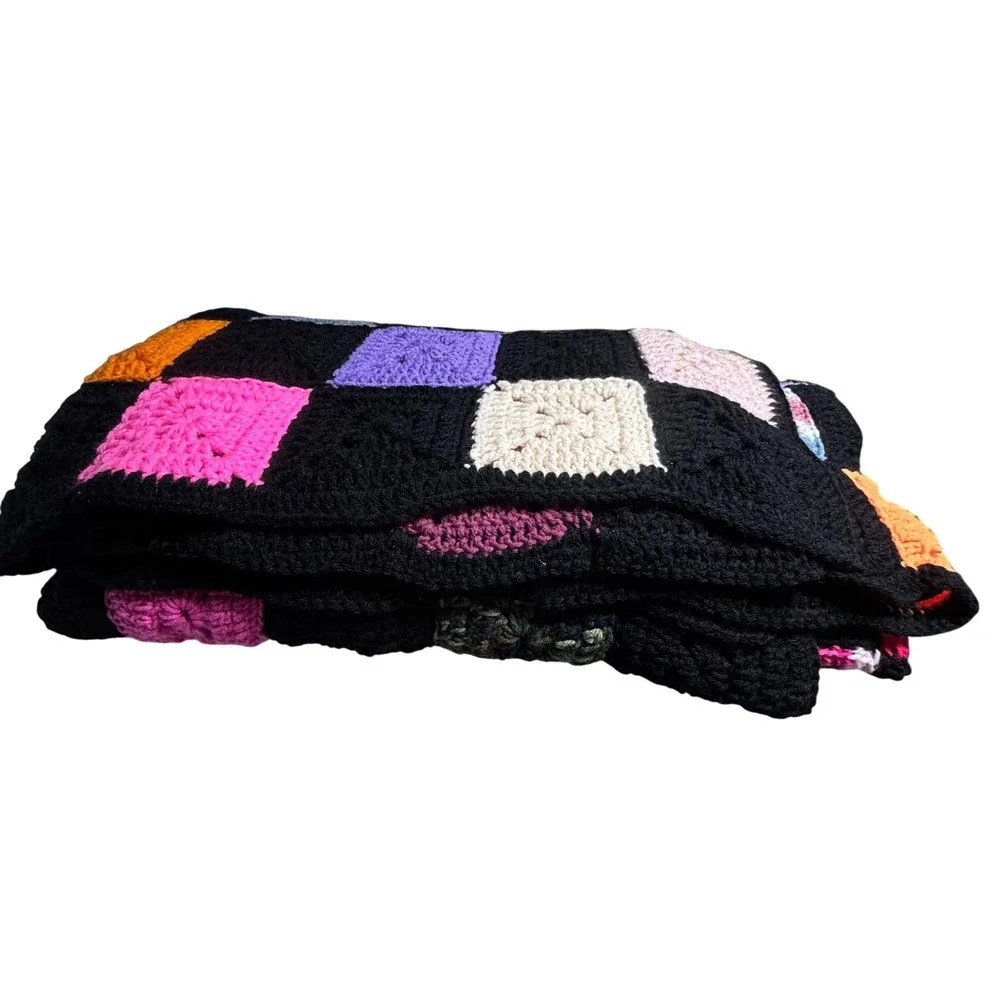 Handmade Granny Square Crochet‎ Afghan Blanket Multi-Color Patchwork Large Black
